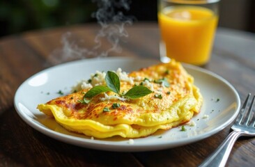 An omelette garnished with herbs is served on a white plate alongside a glass of fresh orange juice in a warm atmosphere. Generative AI