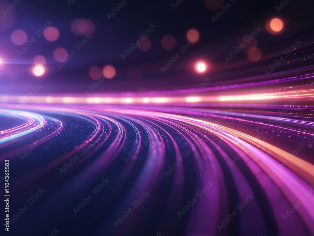 Poster Abstract representation of neon light waves illuminated against a dark background, creating a futuristic ambiance with blurred bokeh effects and ample copy space