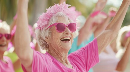 Jubilant Seniors in Anti-Aging Dance Class - Celebrating Health and Community Spirit with Glowing Skin and Colorful Attire