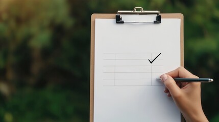 Checklist schedule and goals management concept. Hand with Clipboard and Checklist in Nature Setting