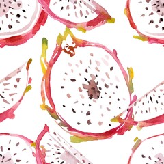 Hand-painted watercolor pattern featuring vibrant dragon fruit slices (pitaya). Tropical vibes with juicy pink, white, and black hues on a clean white background.