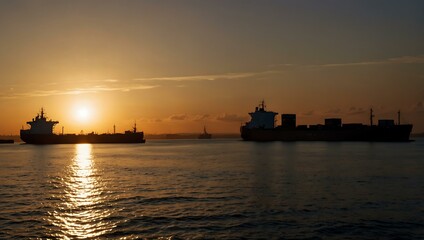 Obraz premium Cargo ship and truck silhouetted against a sunset.