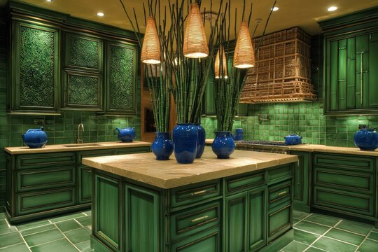 Zen kitchen with forest green cabinets, sandstone island, bamboo pendant lights, green tile flooring, and green ceramic walls Blue vases with bamboo shoots