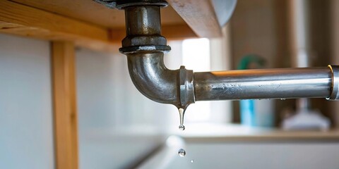 Water leaking pipe household concept. Leaking Metal Pipe Under Kitchen Sink