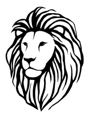 Lion face in bold black and white stylized design on white background