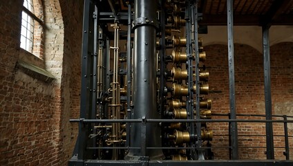 Carillon mechanism in Bruges&rsquo; Belfort Tower, showing the 47 bells.