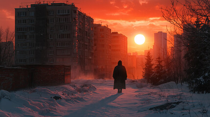 Fototapeta premium Silhouette of a lone figure walking on a snowy urban path at sunset, surrounded by high-rise buildings
