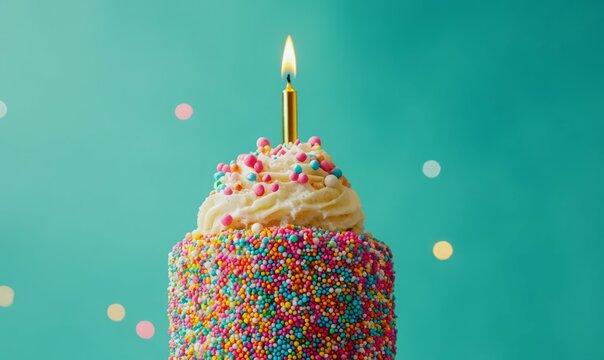 This colorful birthday cake, adorned with multicolored sprinkles and a shimmering gold candle, is positioned against a bold turquoise backdrop, inviting festive celebrations and joy