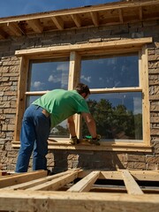 Carpenters installing windows in a new home.
