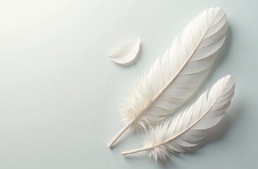 Obraz premium Two large white feathers and a smaller one rest on a light pastel background, creating a serene and minimalist composition. Generative AI