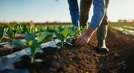 In a sunny field, a farmer examines the soil and tends to young plants, demonstrating sustainable agricultural practices.
