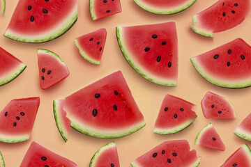 Colorful arrangement of fresh watermelon slices on a peach background