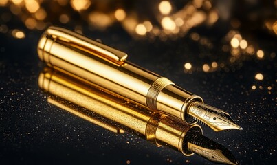 A gold plated fountain pen writing on a luxurious paper, gold fountain pen, high end stationery