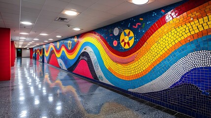 A colorful mural of a rainbow with a space theme