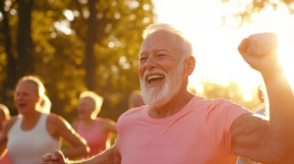 Active Aging - Energetic Older Adults in Bright Outdoor Fitness Class Embracing Youthful Vitality