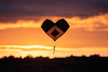 A silhouette of a heart-shaped kite against a sunset sky,
