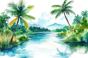 watercolor island river and palm vignette on white background 
