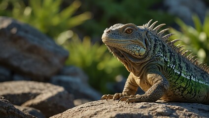 Fototapeta premium Cartoon iguana basking on a rock.