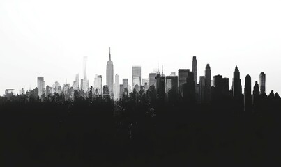 A city skyline is shown in white and black