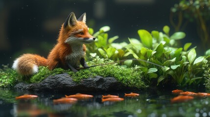 Obraz premium Here's a and keyword list for your image... Red fox sits on rock, fishing rod near goldfish pond.