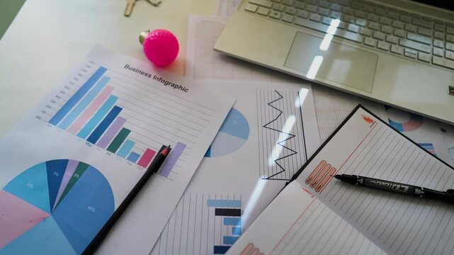 Business paper pen pink light bulb with laptop on white table