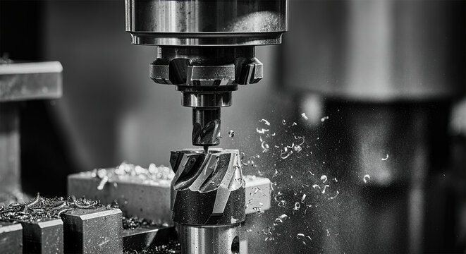 Milling cutter work with splinters flying off, monochrome version.