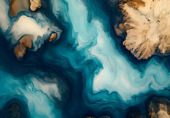 Fototapeta premium An aerial view of water flowing through an abstract river, top down view, birds eye view, turquoise and blue colors, native art style painting