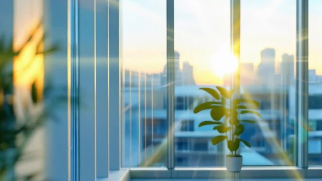 Beautiful blurred background of a light modern office interior with panoramic windows and beautiful lighting