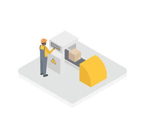 Isometric worker on conveyor belt. Delivery service concept. Parcels on conveyor. Vector illustrations.