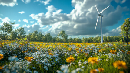 Wind turbine in blooming meadow with wildflowers and clouds