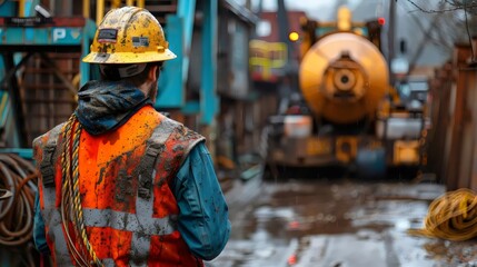 Obraz premium A man in a yellow hard hat and orange vest stands in the rain