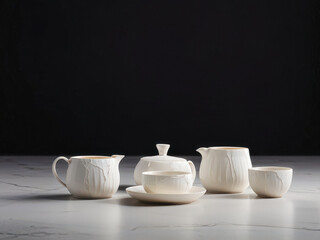 Elegant porcelain tea set with visible cracks, displayed on a minimalist surface, bathed in warm, soft lighting. Generative AI