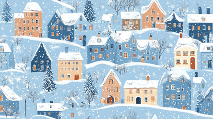 seamless pattern of snowy houses on european street, frost, christmas, new year, xmas, ornament, wallpaper, background, wrapping paper, celebration, holiday, flat illustration