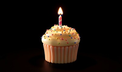 Single birthday cupcake with burning candle and sprinkles