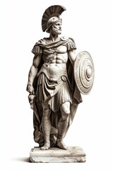 Stone statue, classical warrior, shield, helmet, attire.