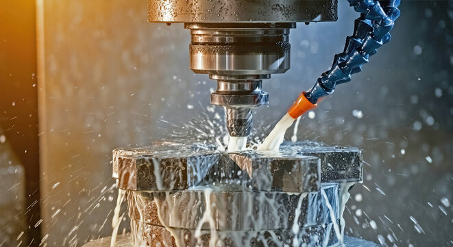 a process of vertical cnc steel milling with external water coolant streams, splashes and a lot of metal chips - close-up with selective focus