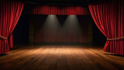 Empty Theater Stage with Red Curtains and Spotlights