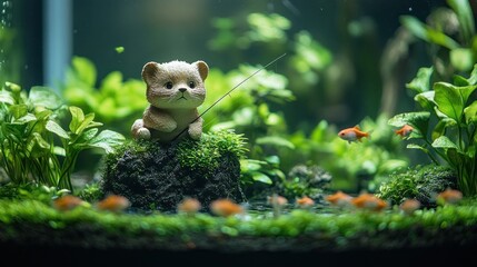 Cute bear figurine fishing in a lush, vibrant aquarium with goldfish.