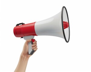 A hand holding a red and white megaphone, symbolizing communication and announcements.