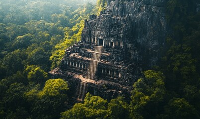 Fototapeta premium A majestic ancient temple carved into a mountainside, with intricate stonework surrounded by dense green forest