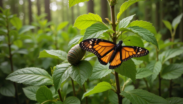 The monarch butterfly rests on a green leaf - Powered by Adobe