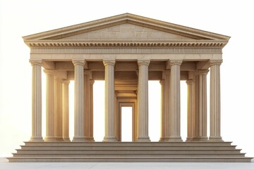 Classical temple, stone columns, steps, sunlight.