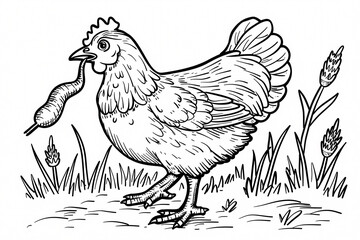 A delightful illustration of a hen holding a worm in its beak, surrounded by grass and wheat, showcasing a playful farm scene.