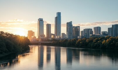 Fototapeta premium A city skyline with a large building in the background