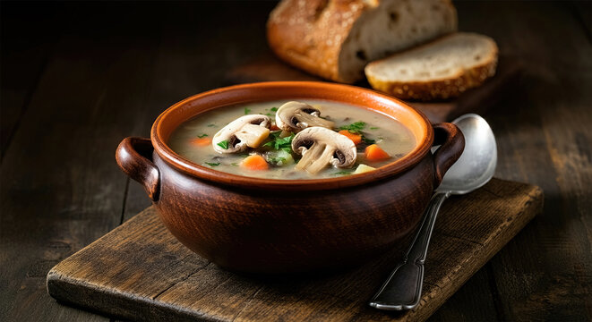 Mushroom soup Polish Christmas Eve dinner, at eye level, focusing on the food. On a vintage board, in a brown pottery bowl. Slices of bread blurred in the background and tablespoon next to the bowl.