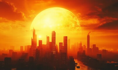 A city skyline with a large sun in the background