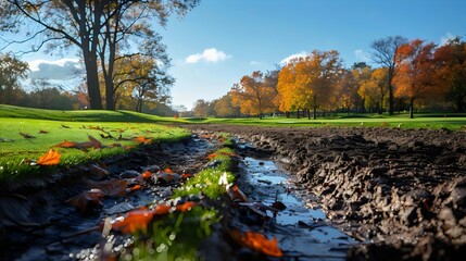 A golf course with a muddy path and trees in the background
