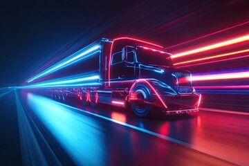 Fast moving truck with blue and red glowing neon lights running at high speed, vector illustration
