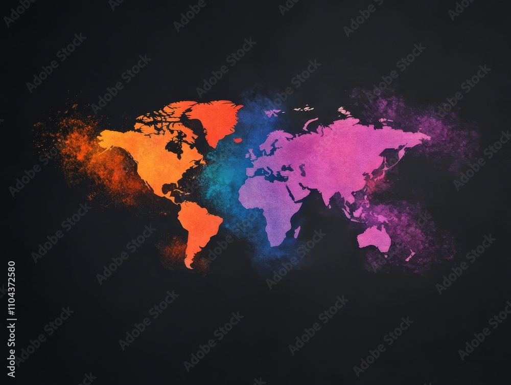 Poster A large canvas features a stunning world map created with vibrant watercolors. The artwork symbolizes global unity and creativity, offering ample space on the left for additional text or branding