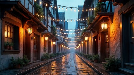 Obraz premium Enchanted Rainy Street with Glowing String Lights